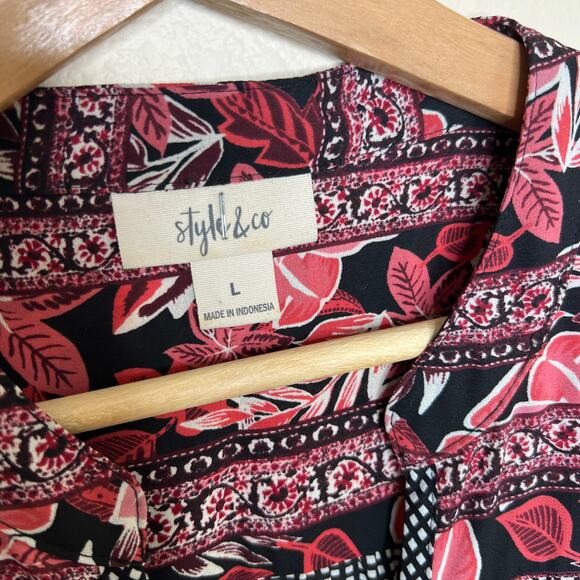 Style & Co Black Pink Floral Check Print Boho Blouse Large - Picture 2 of 9